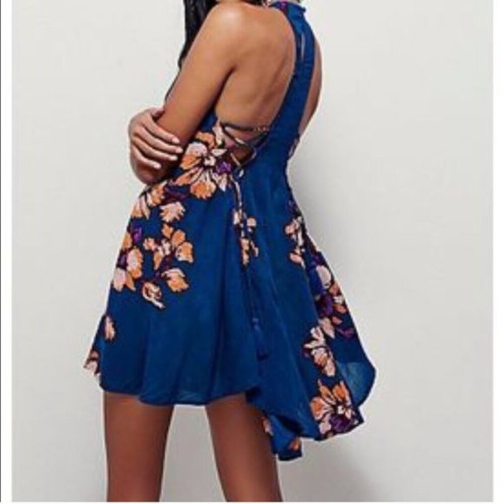 Free People Blue Floral Print Lace Up Sides Slip Dress - Picture 15 of 16